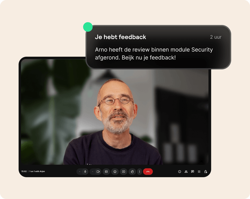 A Pro coach gives feedback during a 1-on-1 video call, with a notification that a module review was completed.