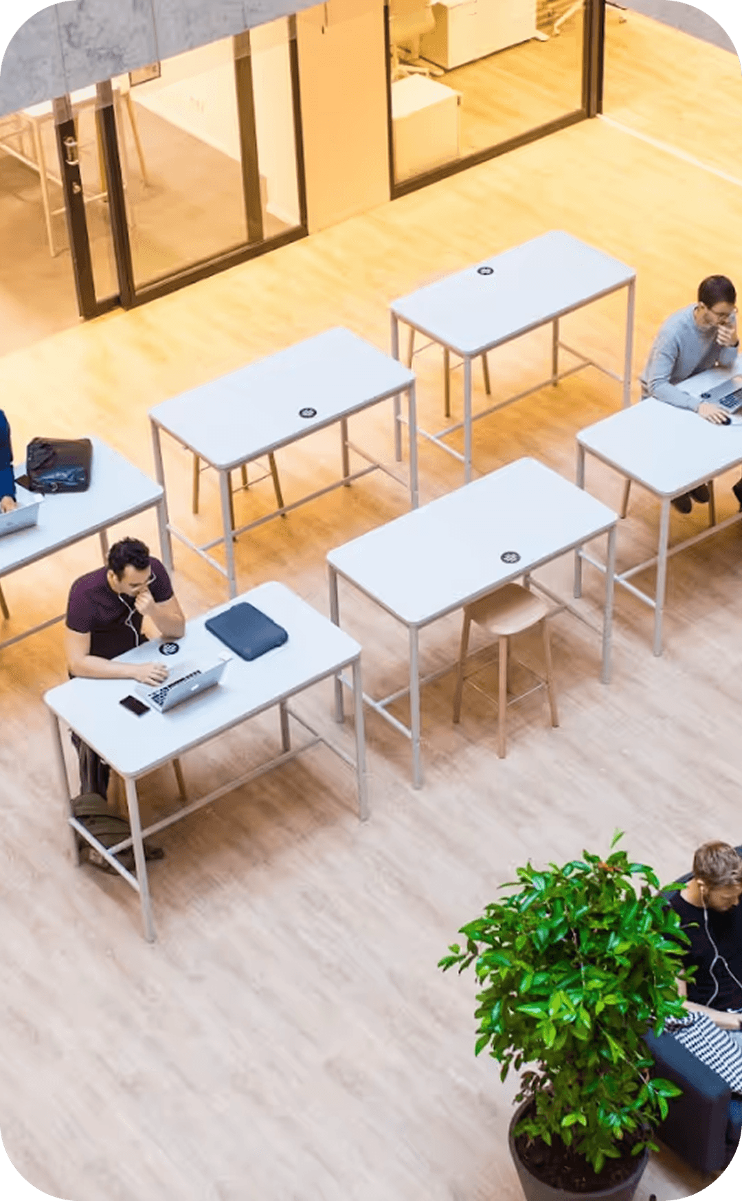 De Bit Academy-studio in Amsterdam: hoge werktafels, studenten aan de slag, daglicht.