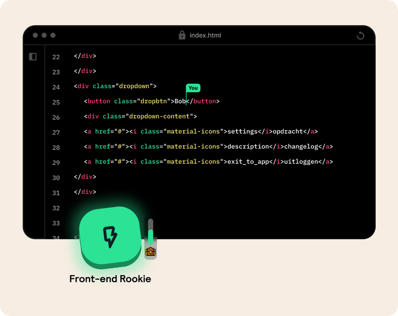 Screenshot van NexEd: een code-editor met een Bootstrap-dropdown en een 'Front-end Rookie' skill-badge die oplicht.