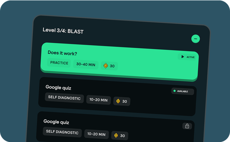 NexEd close-up: a module 'Level 3/4: BLAST' with a practical assignment, a self-diagnostic and reward points.