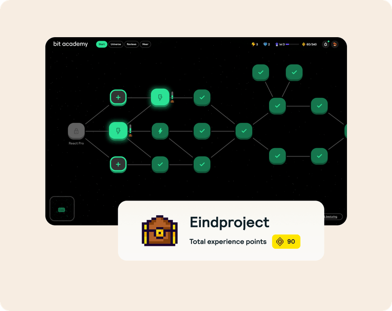 NexEd overview: a branched learning path of skill nodes ending at a 'Final project' card with 90 experience points.
