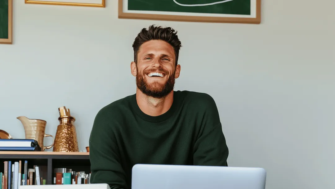 Working professional smiling behind their laptop in a home office: Bit Academy Pro fits the working week